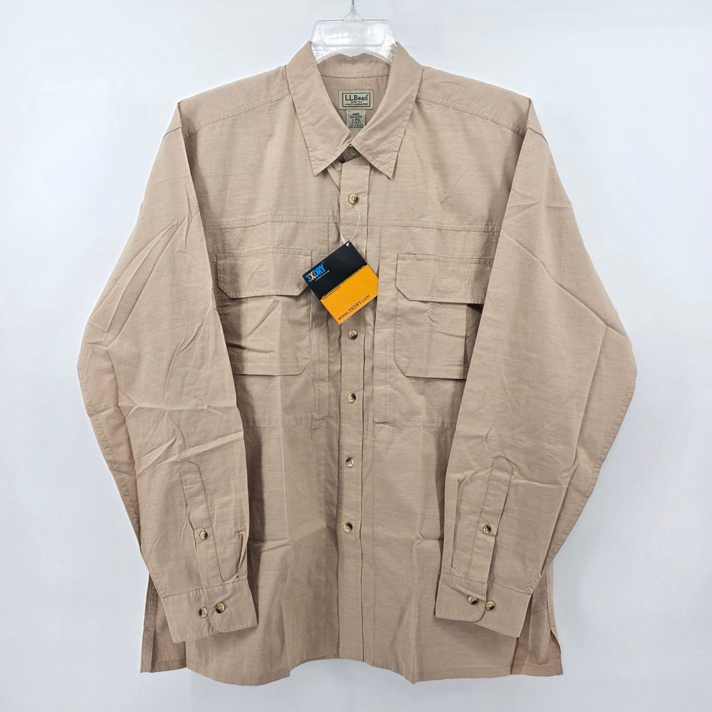 LL Bean Mens 3XDRY‎ Cotton Field Shirt Large Tan Long Sleeve Button Up CGJ7